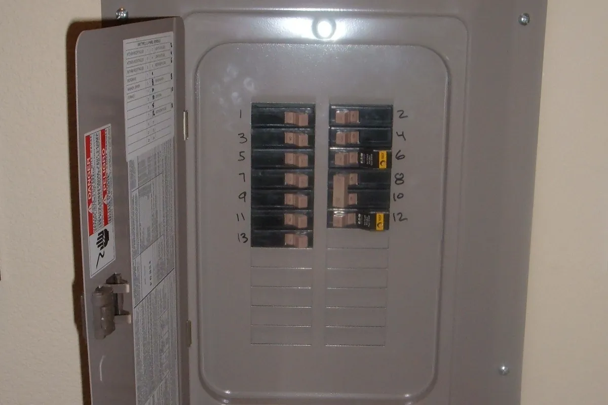 Circuit breaker panel with the cover removed