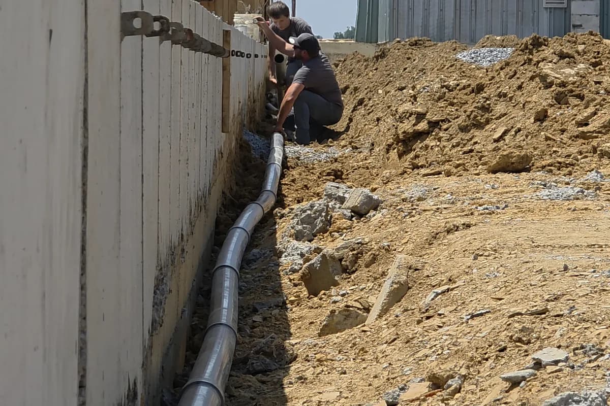 Open trench along a farm building with conduit laid in