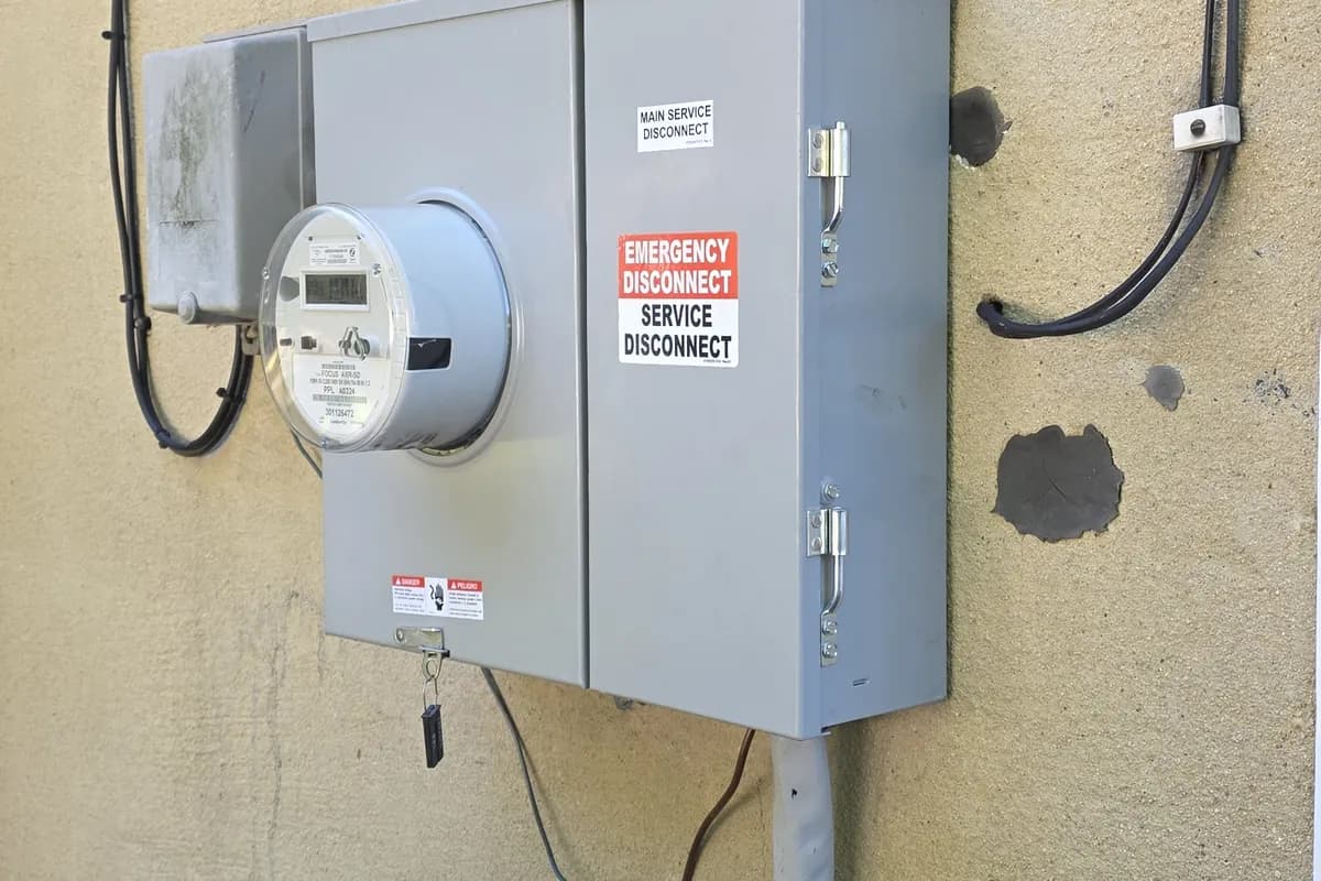 Exterior meter and disconnect equipment on a building wall